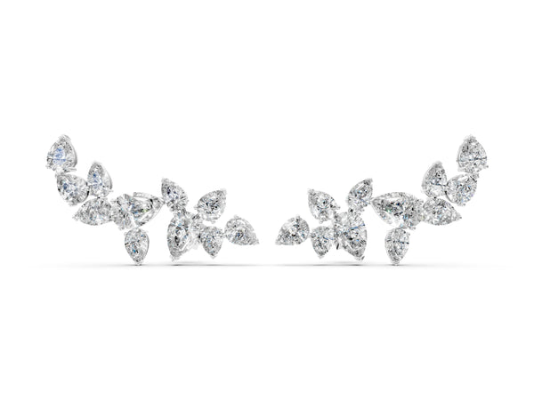 White gold Pear Diamond Curved Cluster Climber Earrings