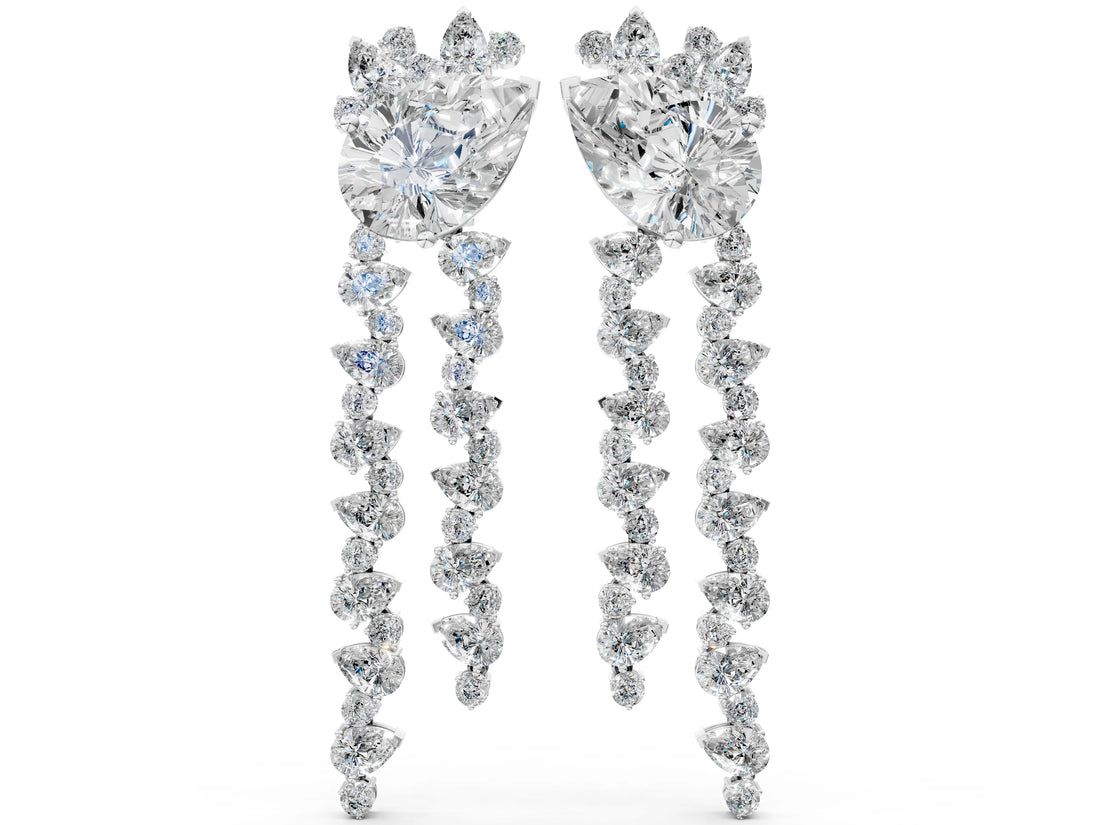 White gold Pear Diamond Drop Earrings with Trilliant Diamond Cascades
