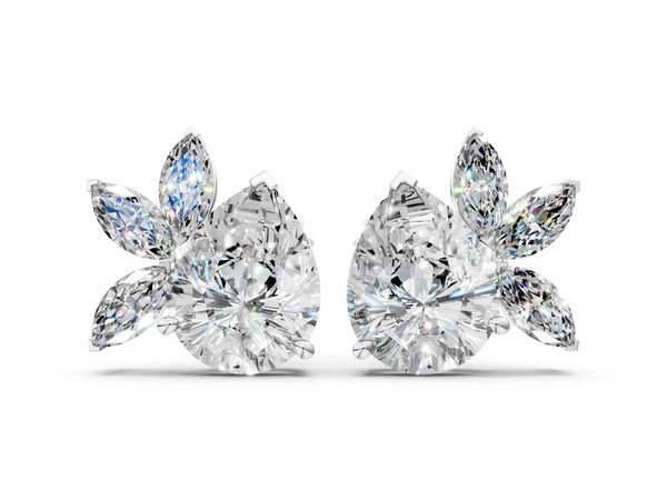 Platinum Pear Diamond Fan Stud Earrings with Marquise Lab Grown Diamond Accents