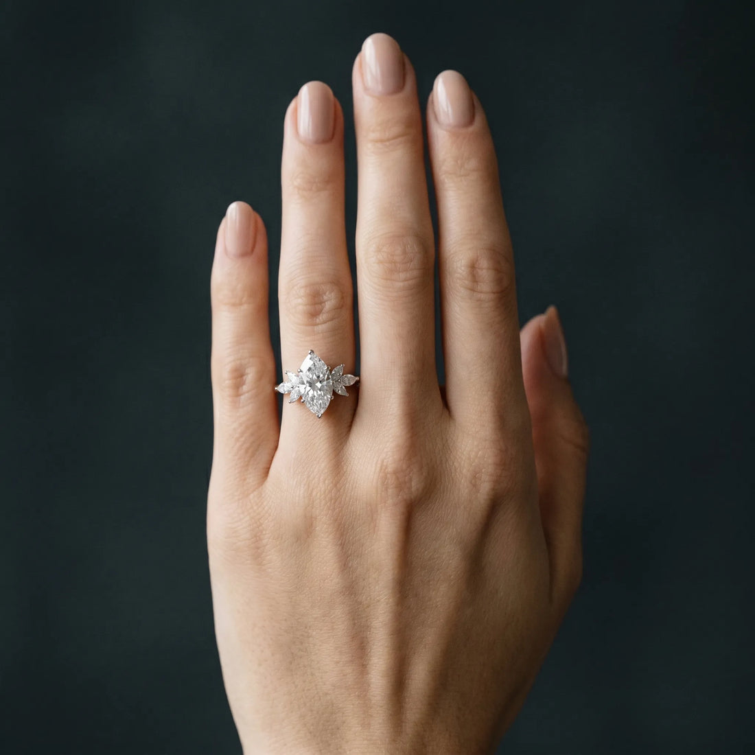 White gold Pear Diamond Floral Cluster Ring with Marquise Side Stones and Six-Prong Solitaire Setting_7