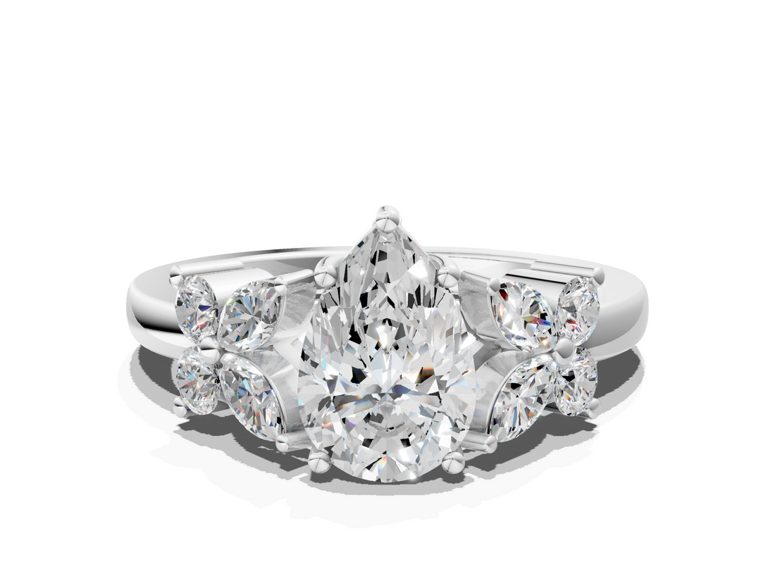 White gold Pear Diamond Floral Cluster Ring with Solitaire Band and Prong Setting_85