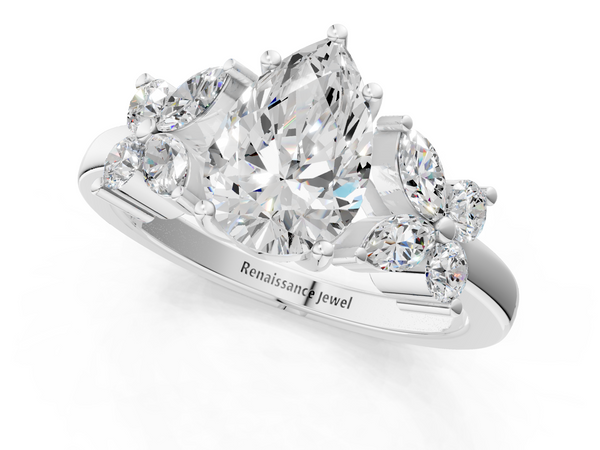 White Gold Pear-Shaped Floral Cluster Engagement Ring Setting with Marquise and Round Side Stones