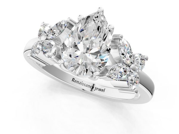 White Gold Pear-Shaped Floral Cluster Engagement Ring Setting with Marquise and Round Side Stones