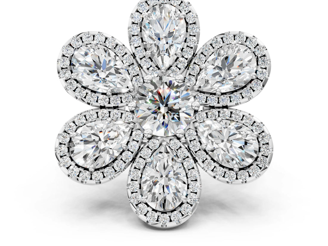 White gold Pear Diamond Floral Promise Ring with Round Diamond Center