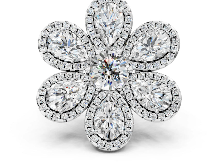 White gold Pear Diamond Floral Promise Ring with Round Diamond Center