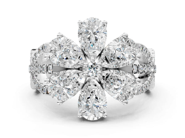Platinum Pear Diamond Floral Ring with Round Diamond Accents
