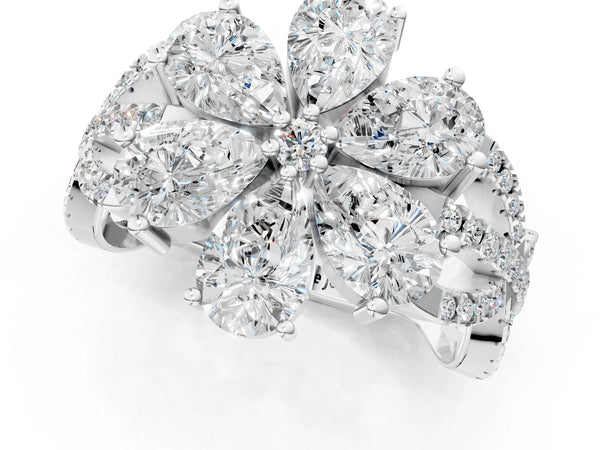 Platinum Pear Diamond Floral Ring with Round Diamond Accents