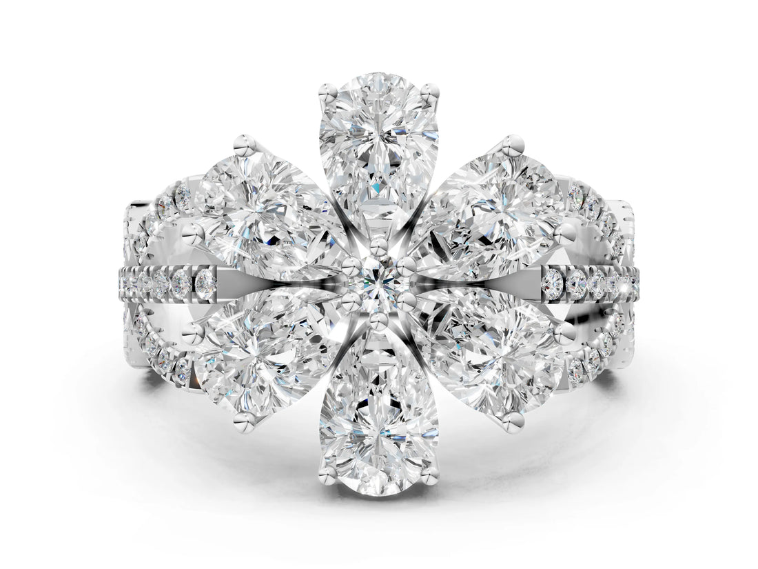White gold Pear Diamond Floral Ring with Round Diamond Accents