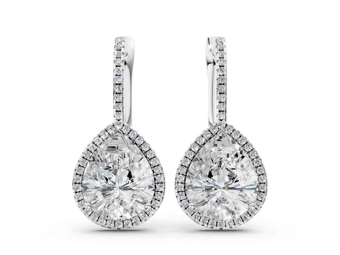 White gold Pear Diamond Halo Leverback Drop Earrings with Round Diamond Accents