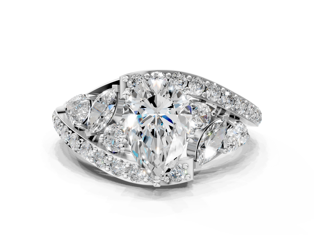 White gold Pear Diamond Halo Ring with Marquise and Pavé Band in Prong Setting_109