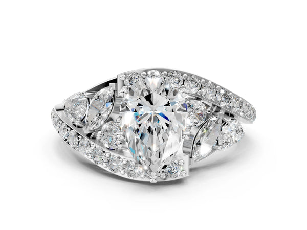 White Gold Pear-Shaped Bypass Engagement Ring Setting with Marquise and Pear Side Stones and Pave