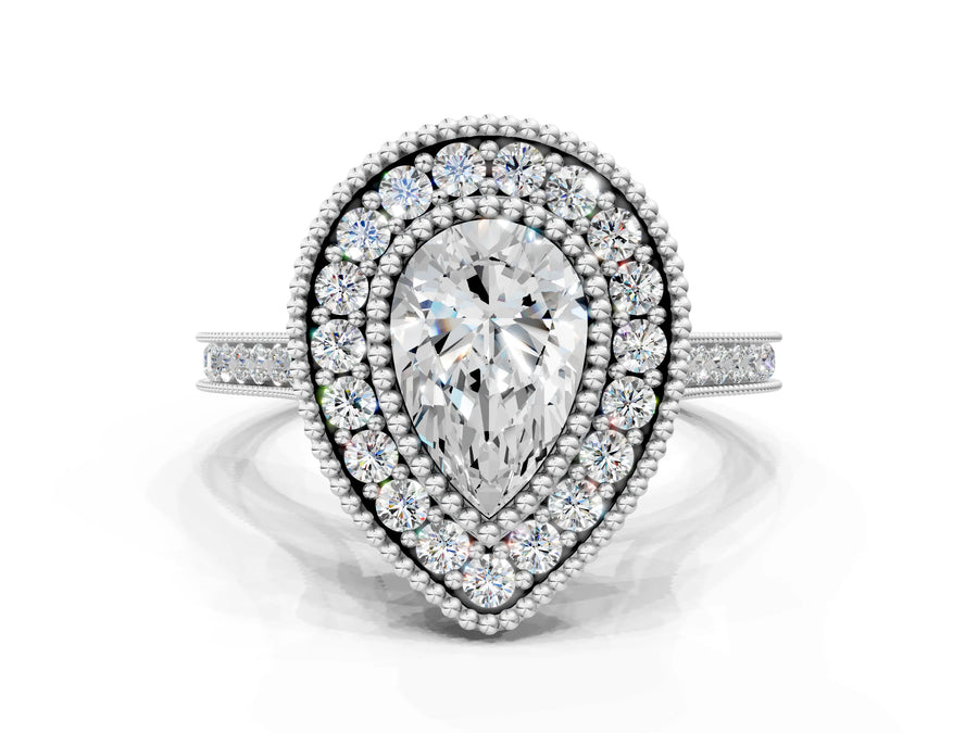 White gold Pear Diamond Halo Ring with Milgrain Frame and Pavé Band