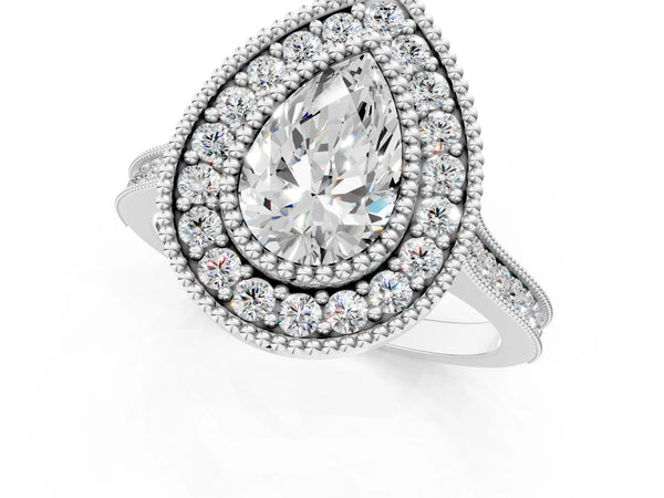 White gold Pear Diamond Halo Ring with Milgrain Frame and Pavé Band