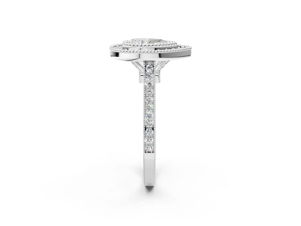 White gold Pear Diamond Halo Ring with Milgrain Frame and Pavé Band
