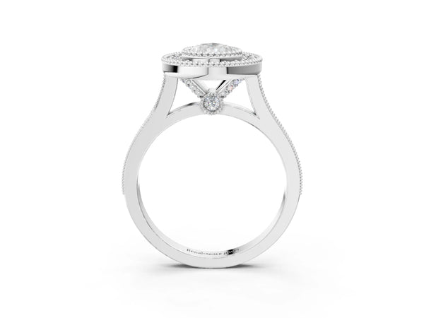 White gold Pear Diamond Halo Ring with Milgrain Frame and Pavé Band