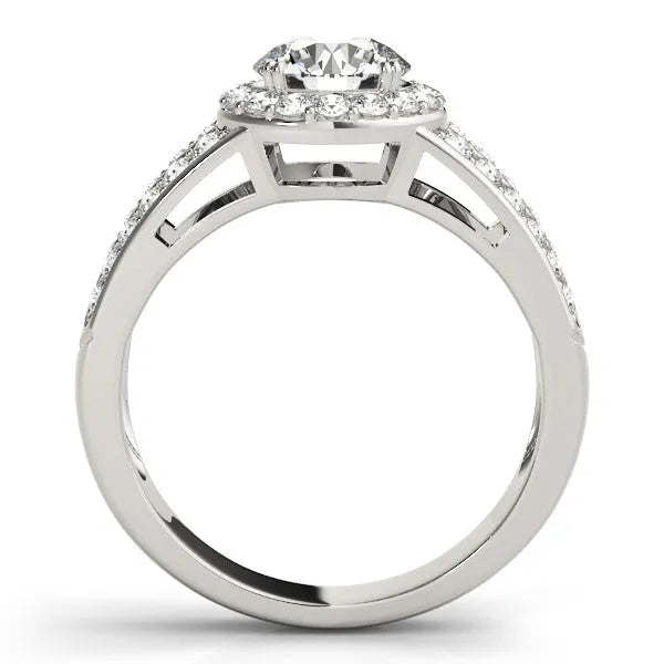 White gold Pear Diamond Halo Ring with Split Shank Pavé Band and Four-Prong Setting