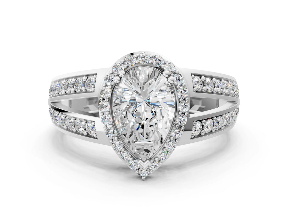 White gold Pear Diamond Halo Ring with Split Shank Pavé Band and Four-Prong Setting_6