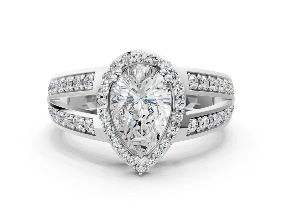 White gold Pear Diamond Halo Ring with Split Shank Pavé Band and Four-Prong Setting
