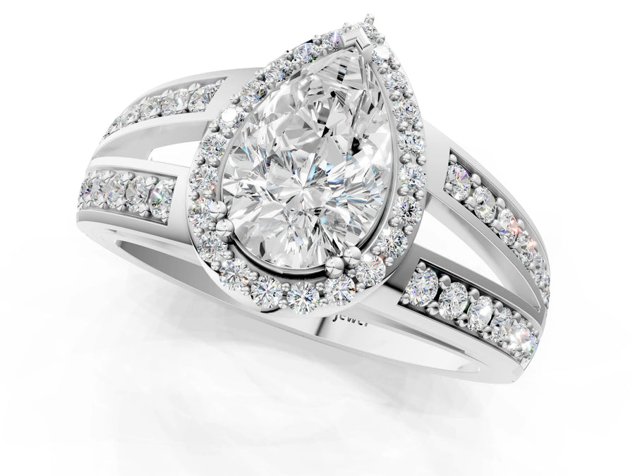 White gold Pear Diamond Halo Ring with Split Shank Pavé Band and Four-Prong Setting