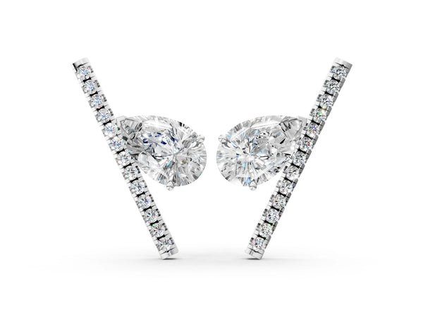 White gold Pear Diamond Stud Earrings with Round Micro Pavé Bar