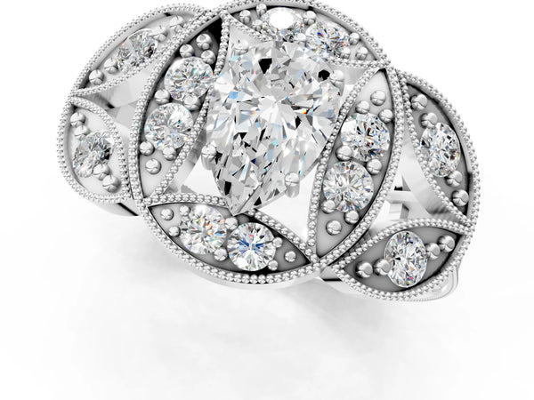 White Gold Pear-Shaped Vintage Halo Engagement Ring Setting with Milgrain Leaf Panels