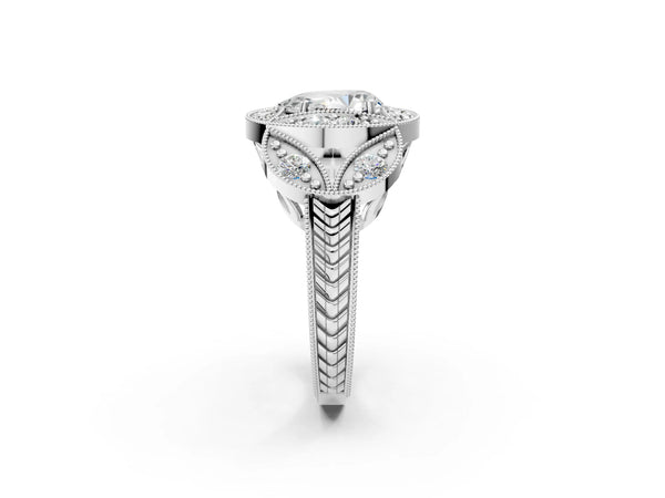 White Gold Pear-Shaped Vintage Halo Engagement Ring Setting with Milgrain Leaf Panels