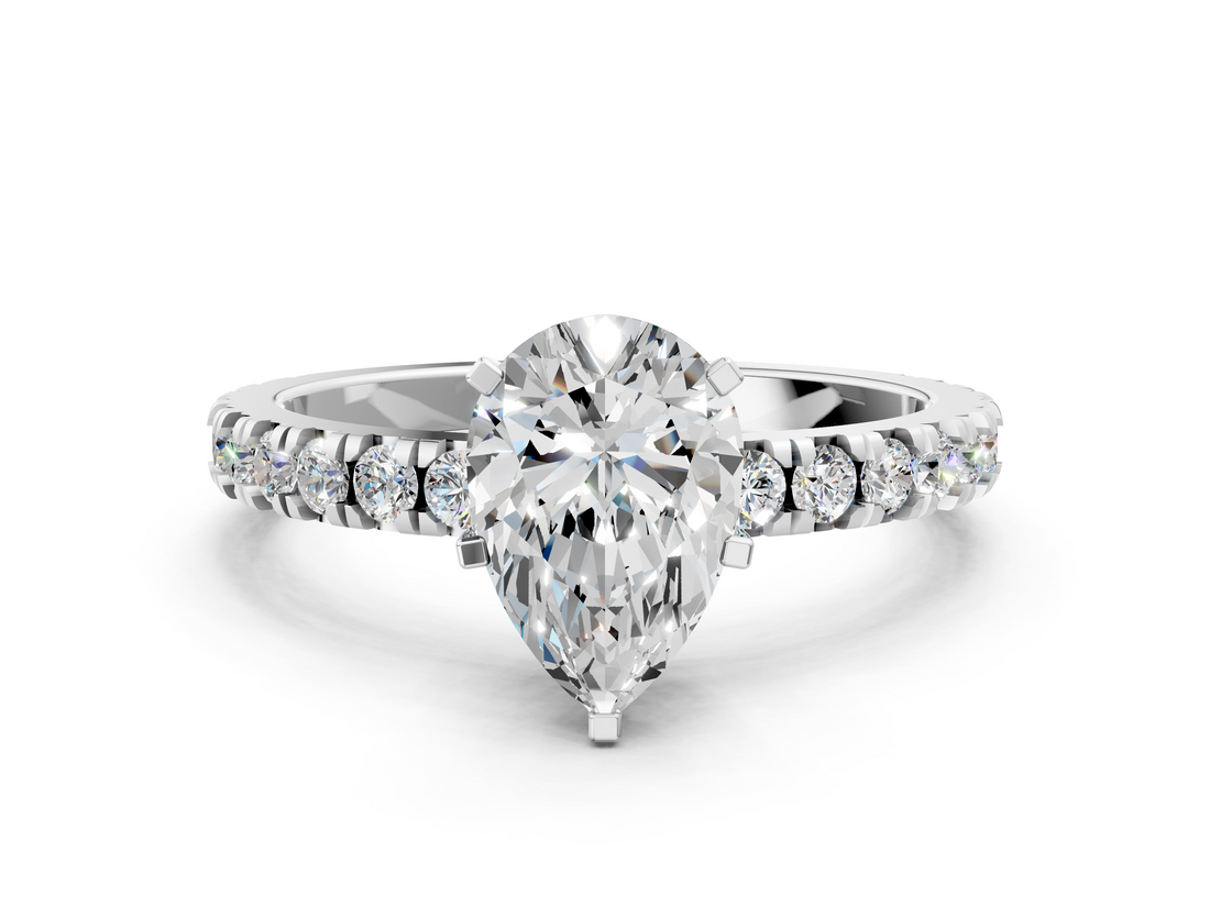 White gold Pear Diamond Pavé Band Solitaire with Four-Prong Setting_212