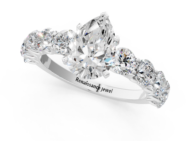 White gold Pear Cut Diamond Prong Setting with Side Stones on a Pave Band