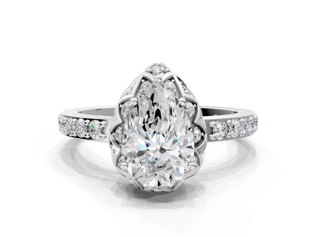 White gold Pear Diamond Solitaire Ring with Shared Prong Pavé Band_52