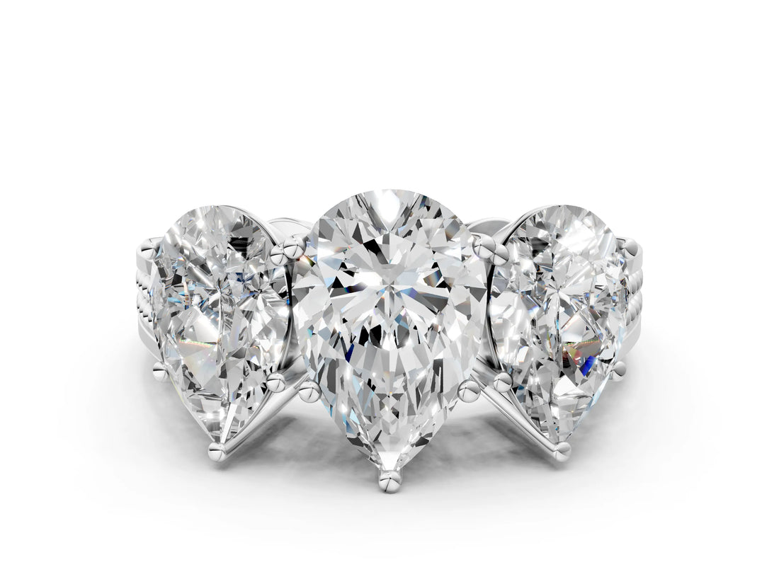 White gold Pear Diamond Three-Stone Ring with Prong Setting and Textured Band_17