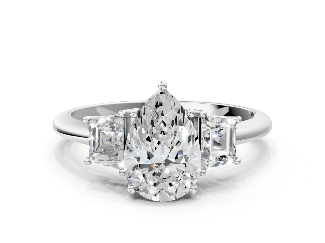 White gold Pear Diamond Three-Stone Ring with Trapezoid Side Stones and Prong Setting_23