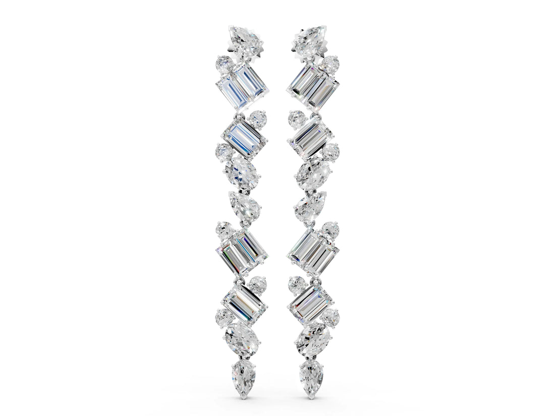 White gold Pear, Emerald, and Round Diamond Linear Drop Earrings_8