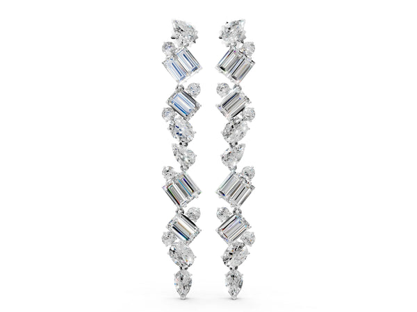 Silver Pear, Emerald, and Round Diamond Linear Drop Earrings