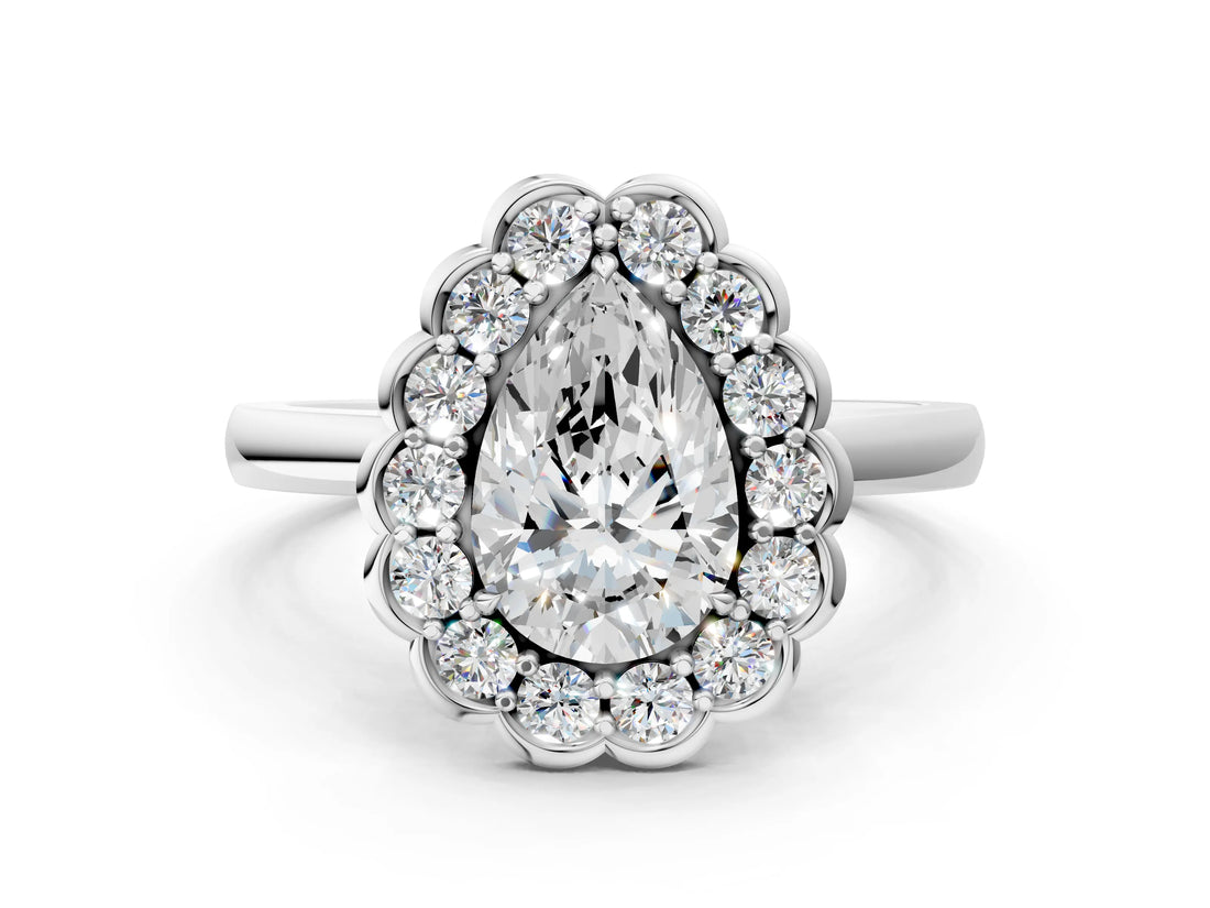 White gold Pear Halo Cluster Diamond Engagement Ring with Solitaire Band and Prong Setting_65