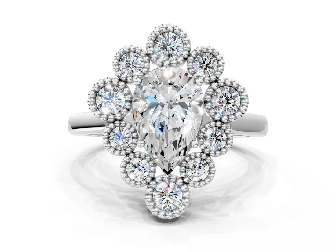 White gold Pear Halo Diamond Cluster Engagement Ring with Milgrain Bezel Setting and Solitaire Band_69