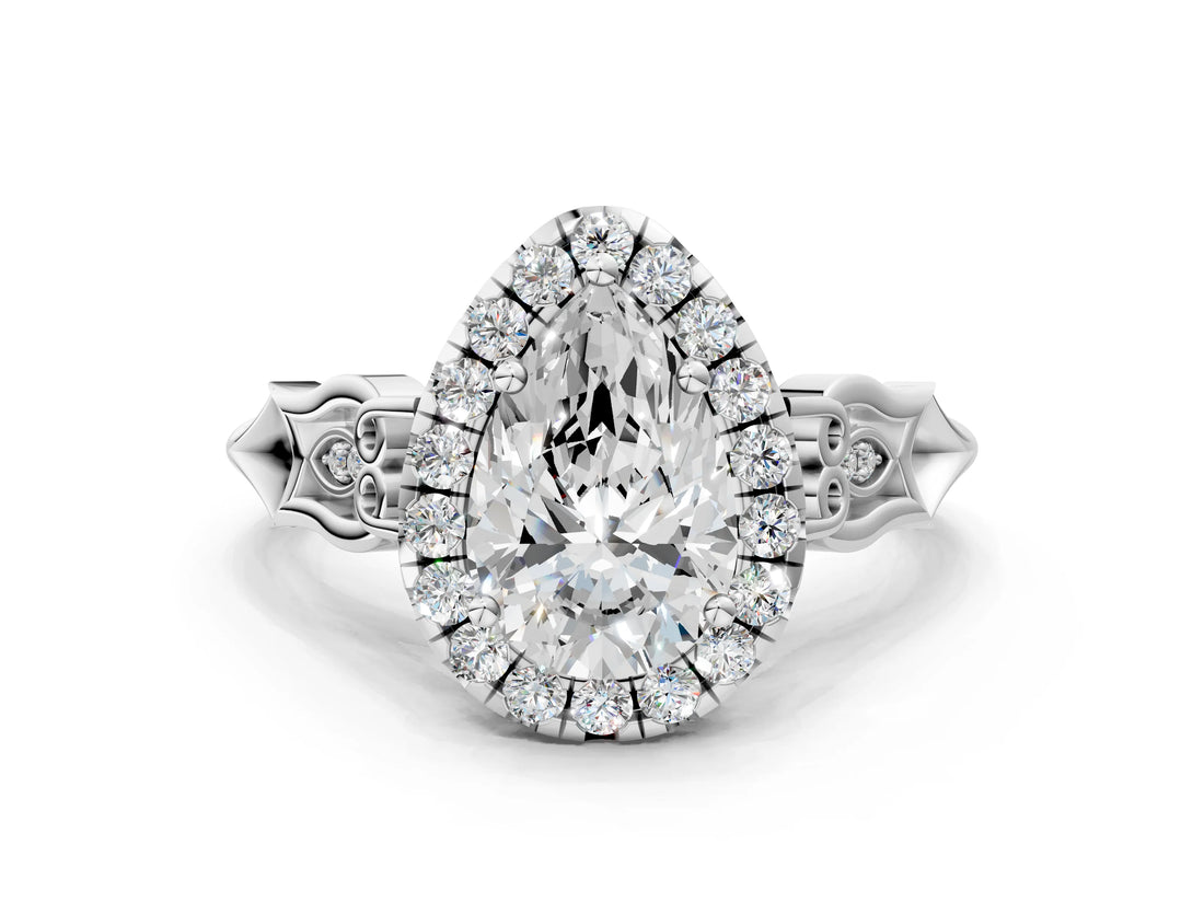 White gold Pear Halo Diamond Engagement Ring with Filigree Band and Four-Prong Setting_81