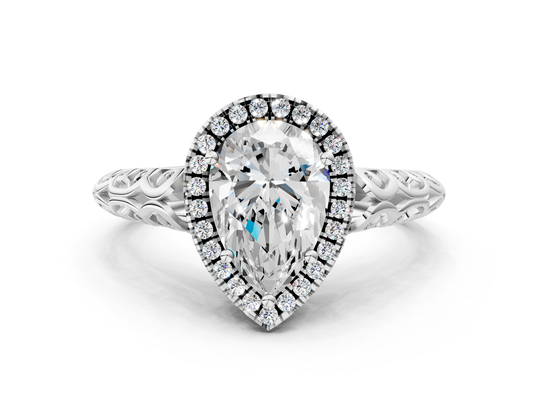 White gold Pear Halo Diamond Engagement Ring with Intricate Filigree Band and Four-Prong Setting_53