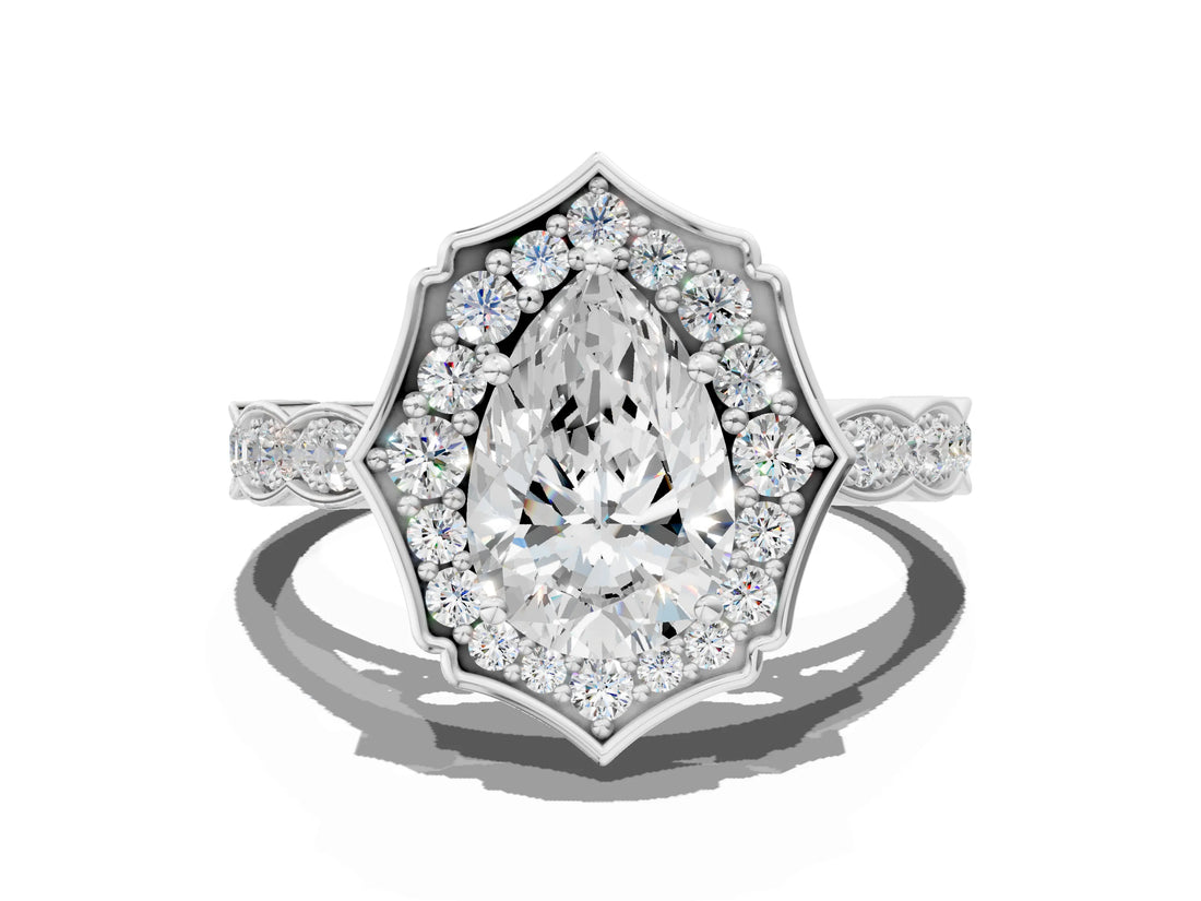 White gold Pear Halo Diamond Engagement Ring with Milgrain Band and Four-Prong Setting_74