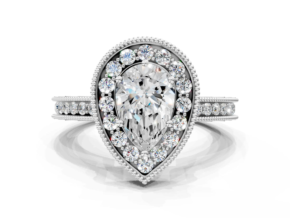White gold Pear Halo Diamond Engagement Ring with Milgrain Pave Band and Four-Prong Setting_111