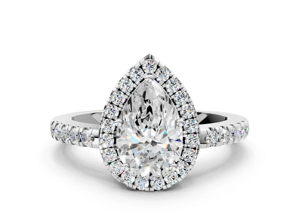 Sterling Silver Pear-Shaped Halo Engagement Ring Setting with Shared Prong Pave Band