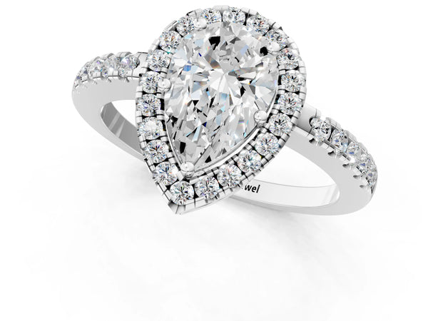 Sterling Silver Pear-Shaped Halo Engagement Ring Setting with Shared Prong Pave Band