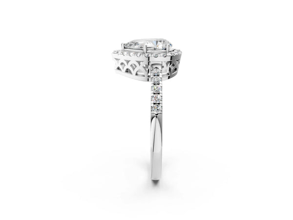 Sterling Silver Pear-Shaped Halo Engagement Ring Setting with Shared Prong Pave Band