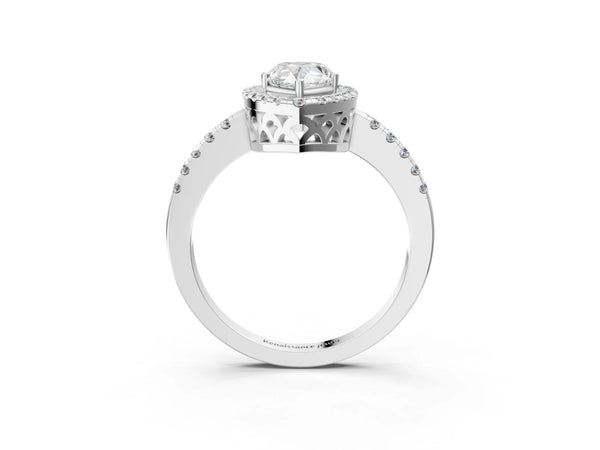 Sterling Silver Pear-Shaped Halo Engagement Ring Setting with Shared Prong Pave Band