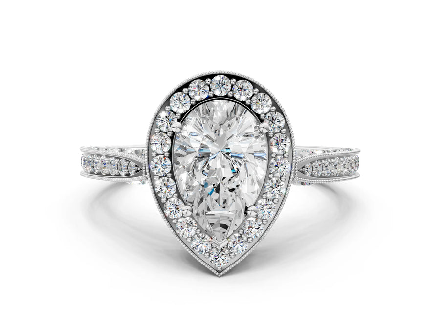 White gold Pear Halo Diamond Engagement Ring with Split Shank Band and Four-Prong Setting