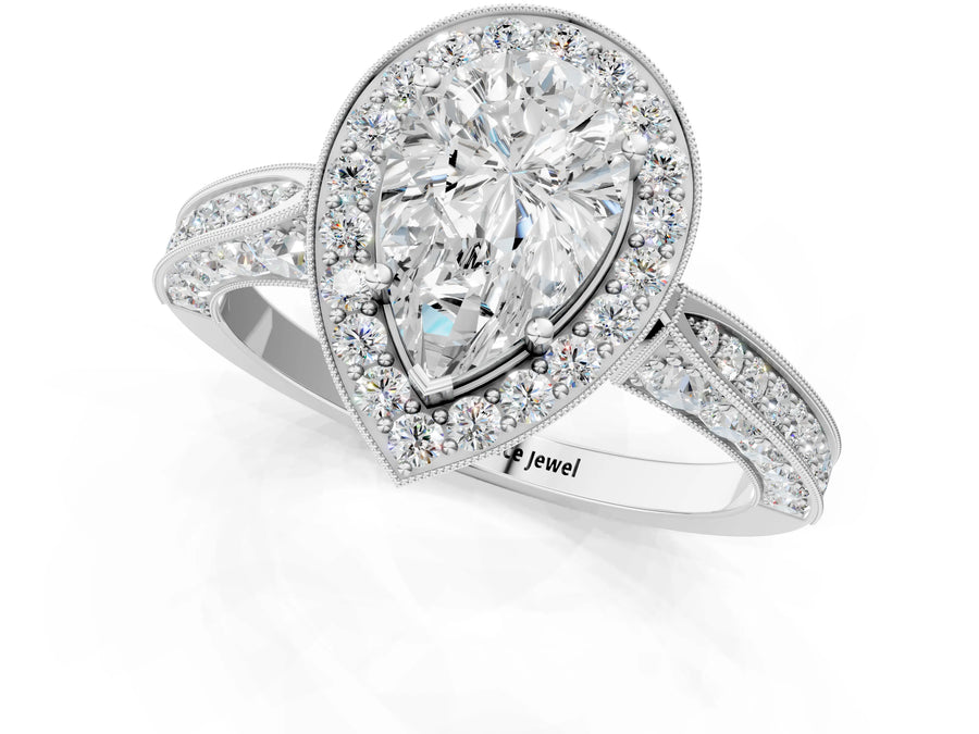White gold Pear Halo Diamond Engagement Ring with Split Shank Band and Four-Prong Setting