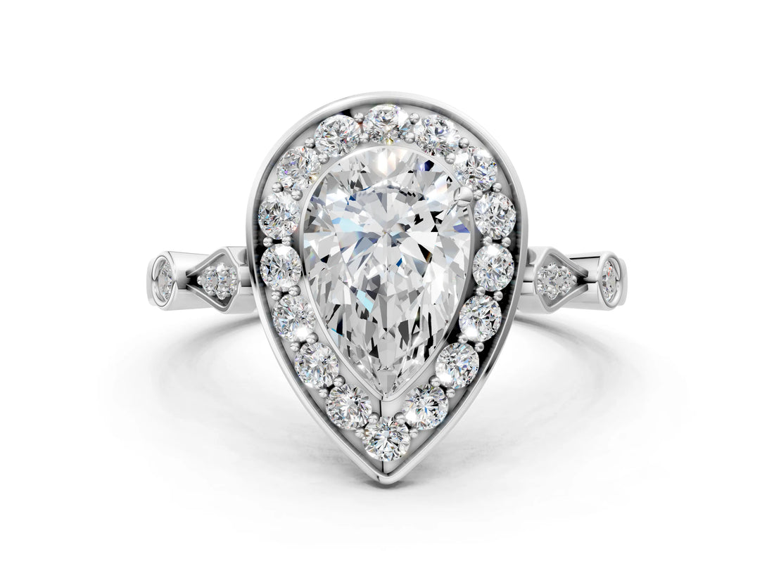 White gold Pear Halo Diamond Engagement Ring with Twisted Band and Four-Prong Setting 1