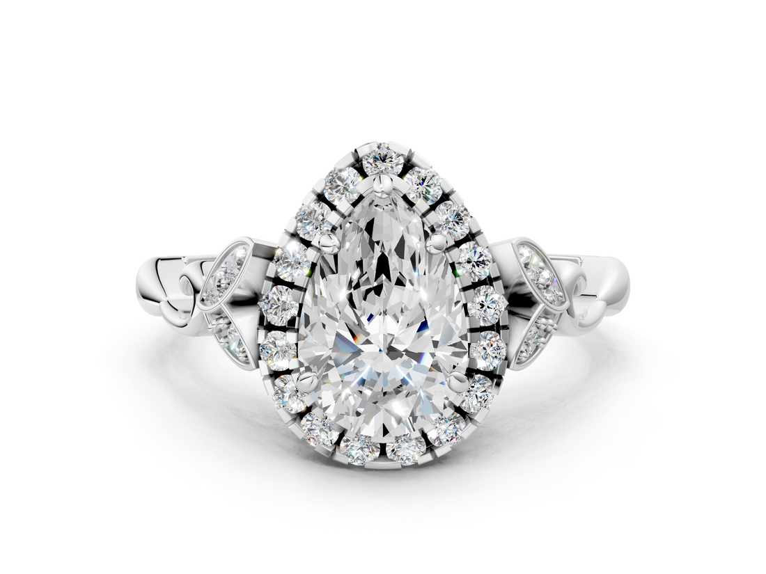 White gold Pear Halo Diamond Engagement Ring with Vintage-Inspired Band and Four-Prong Setting_3