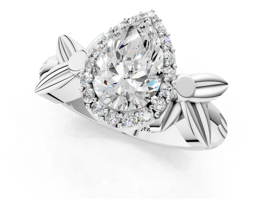 White gold Pear Halo Diamond Floral Band with Four-Prong Setting