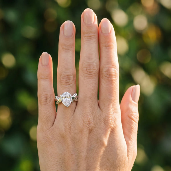 White gold Pear Halo Diamond Floral Band with Four-Prong Setting