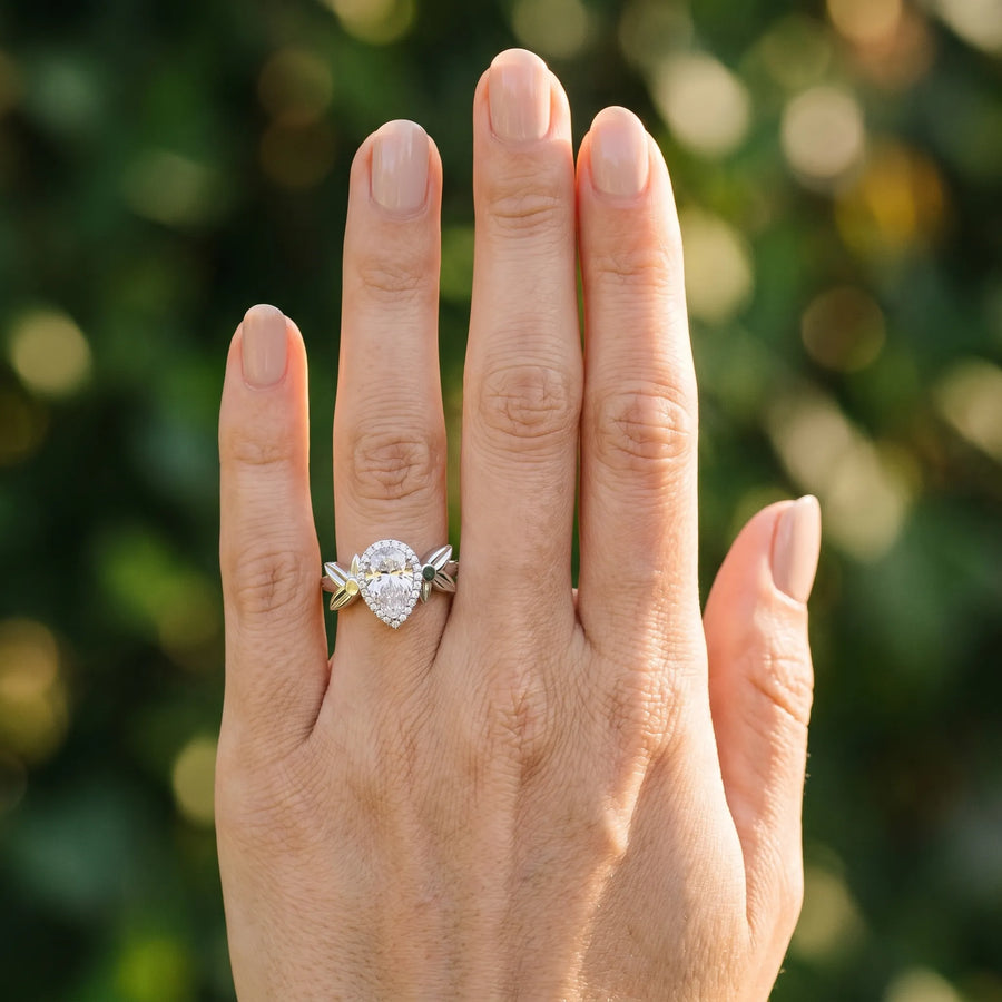 White gold Pear Halo Diamond Floral Band with Four-Prong Setting